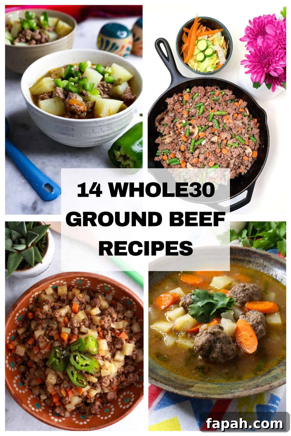 4 photos of ground beef dishes, caldillo de carne molida, ground beef and veggie skillet, picadillo, and caldo de albondigas