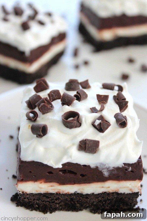 Chocolate Lush Bars - Perfect No Bake dessert. Oreo cookie crust tastes amazing with the cream cheese and chocolate pudding layer.