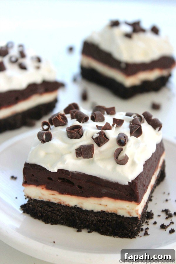 Chocolate Lush Bars - Perfect No Bake dessert. Oreo cookie crust tastes amazing with the cream cheese and chocolate pudding layer.