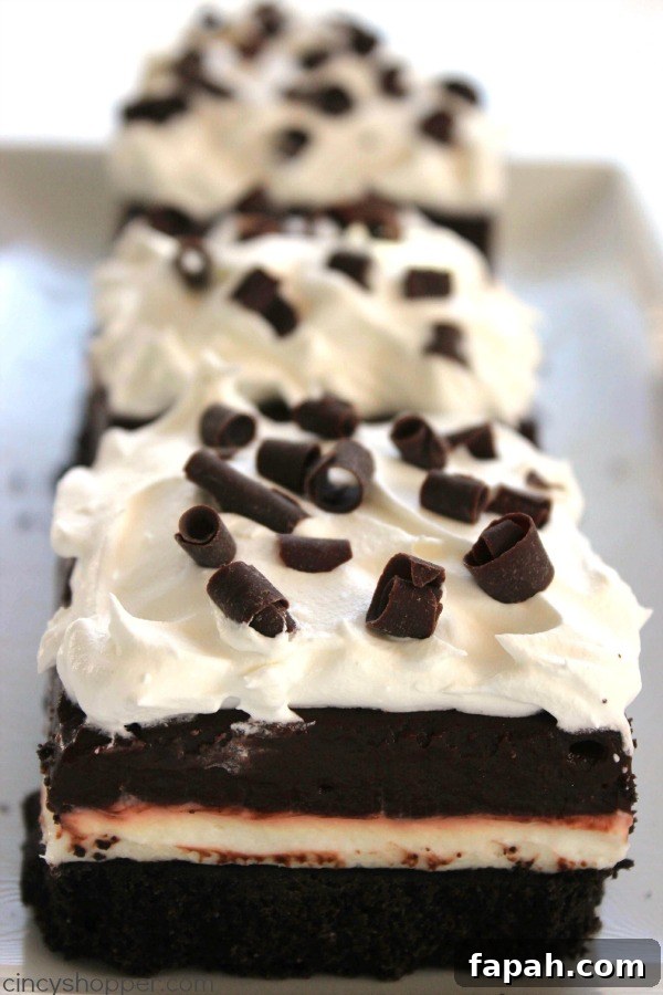 Chocolate Lush Bars - Perfect No Bake dessert. Oreo cookie crust tastes amazing with the cream cheese and chocolate pudding layer.