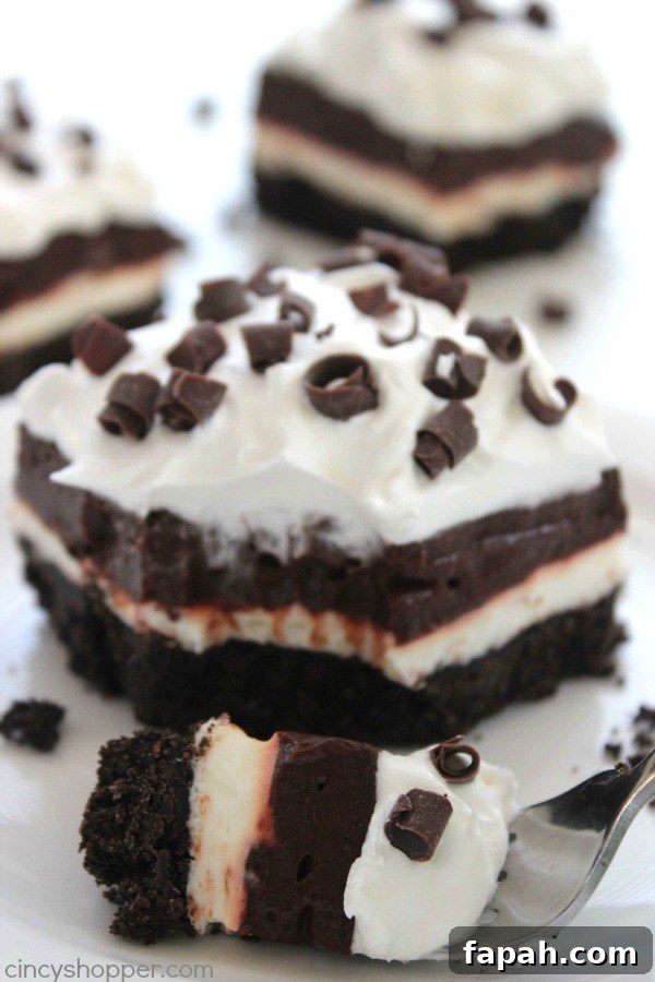 Chocolate Lush Bars - Perfect No Bake dessert. Oreo cookie crust tastes amazing with the cream cheese and chocolate pudding layer.