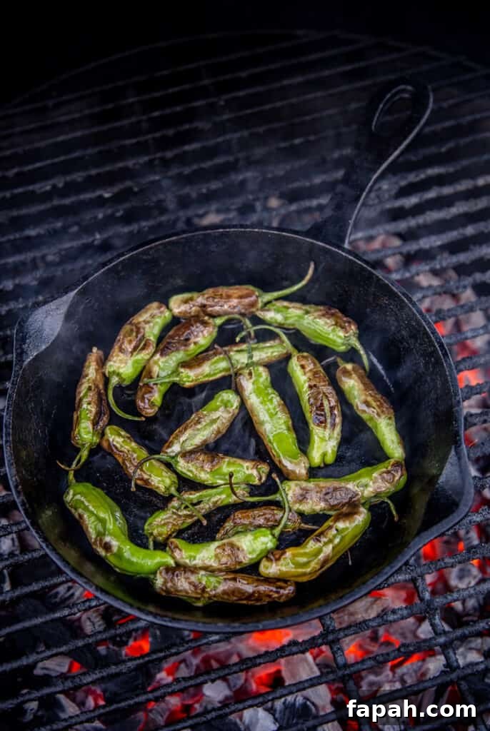 Grilled Shishito Peppers with Lemon Yogurt Dipping Sauce 4 Shishito peppers being blistered in a cast iron pan on the grill
