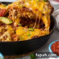 a slice of tamale pie being lifted out of a cast iron skillet with cheese stringing off