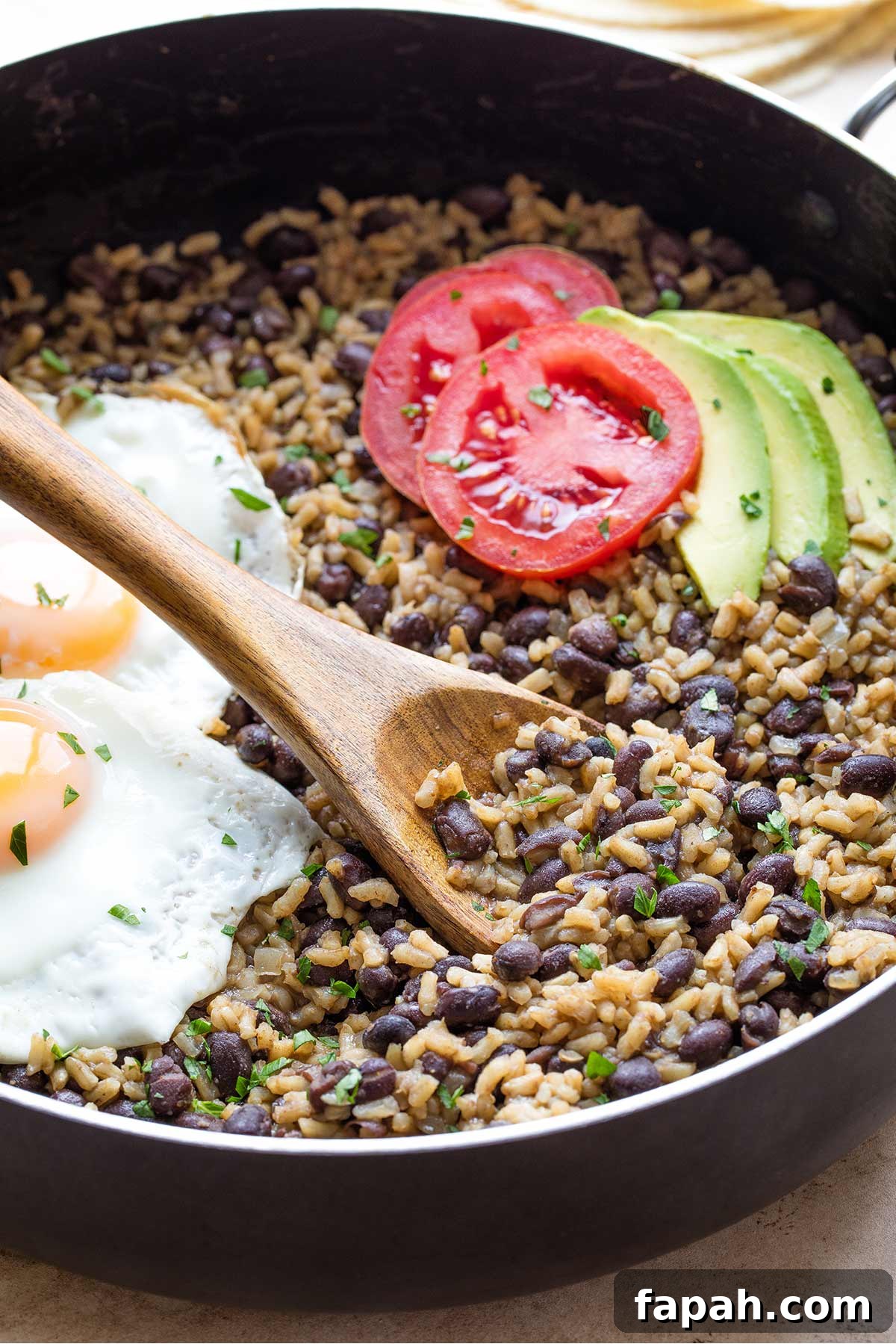 Side view of pan full of Gallo Pinto with serving spoon dipped in and eggs, tomatoes and avocado slices arranged on top.