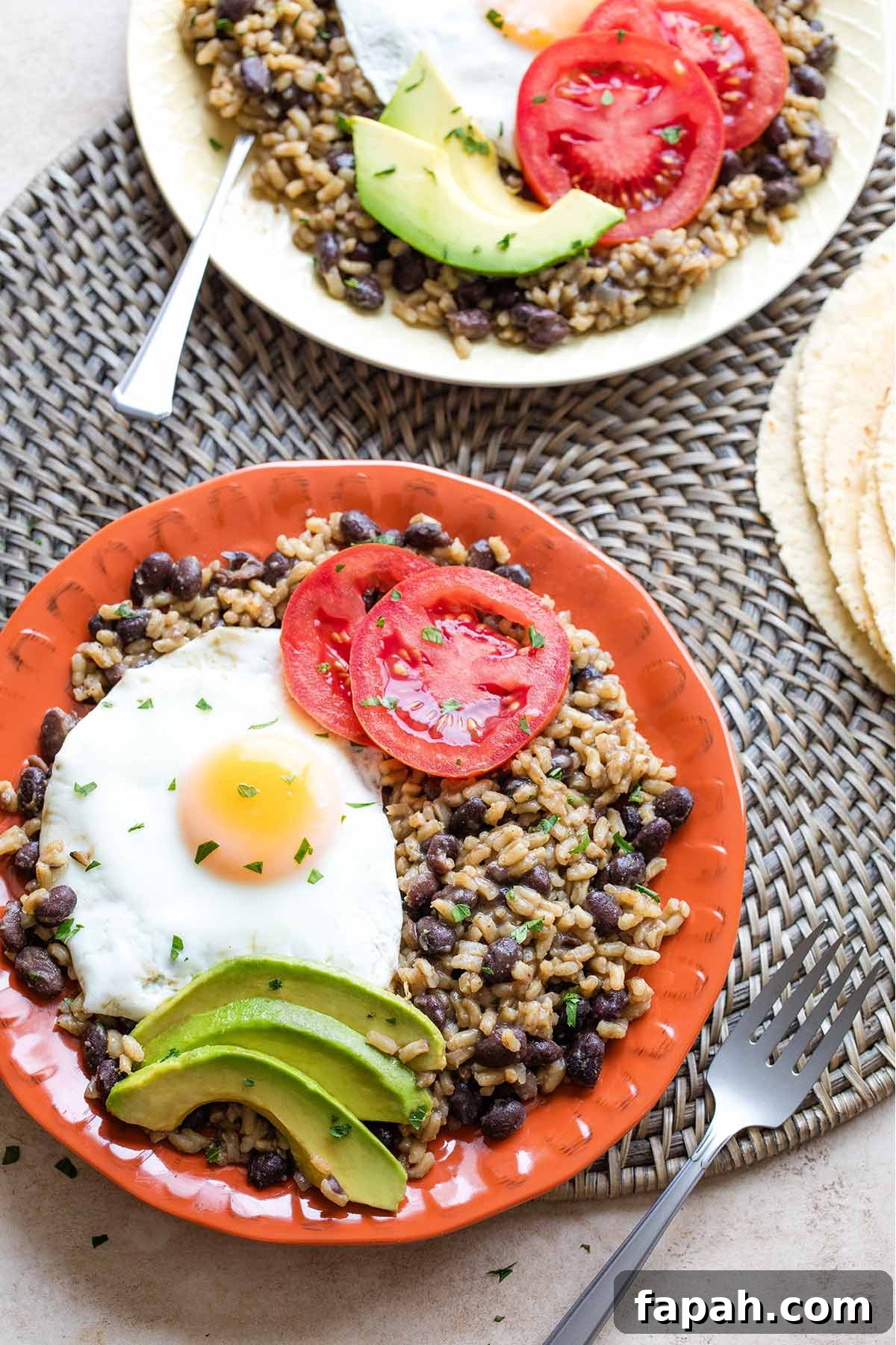 Flatlay of two platefuls of Gallo Pinto with toppings, sitting on round woven mat with forks and stack of tortillas nearby.