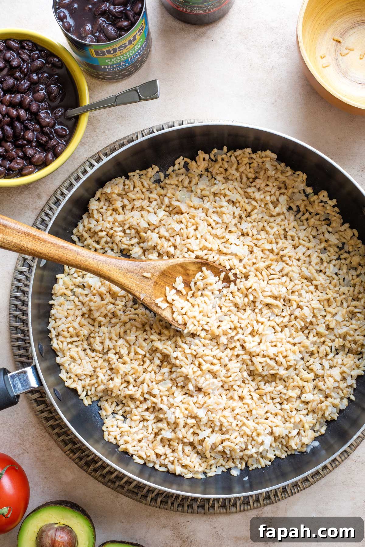 Overhead of step #3 with rice added to the skillet.