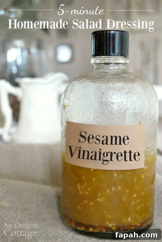 Homemade Sesame Vinaigrette Salad Dressing is ready in 5 minutes for your green salads, pasta salads or marinades.
