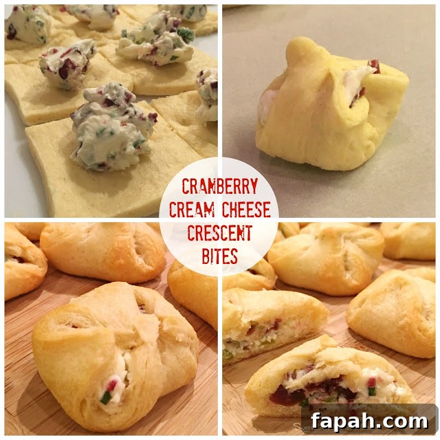 Cranberry and Cream Cheese Crescent Bites – 5-Ingredient Appetizer 2 This is a 4 photo collage showing the crescent bites being made.