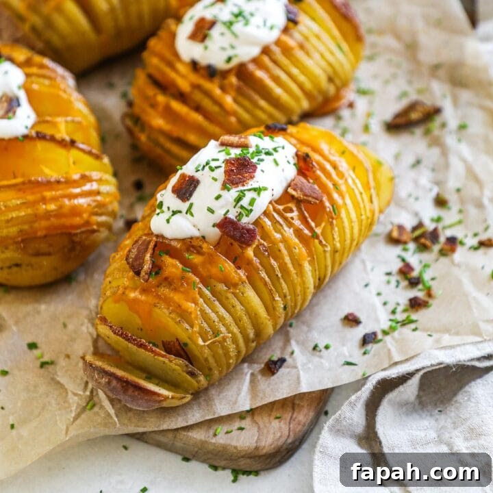 Bacon cheddar hasselback potatoes topped with sour cream, bacon, and chives on a parchment paper-lined board for serving.