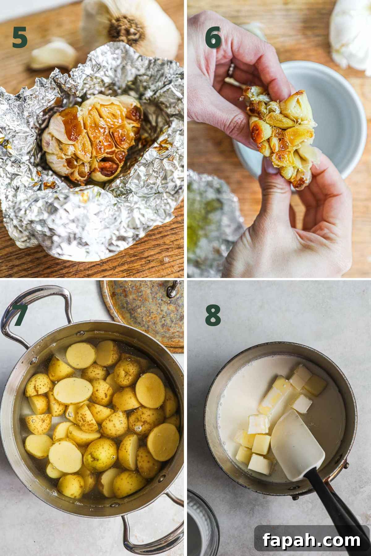 Steps to make twice-baked mashed potatoes, removing roasted garlic from garlic bulb paper; boil yukon potatoes; heat cream and butter in a saucepan.