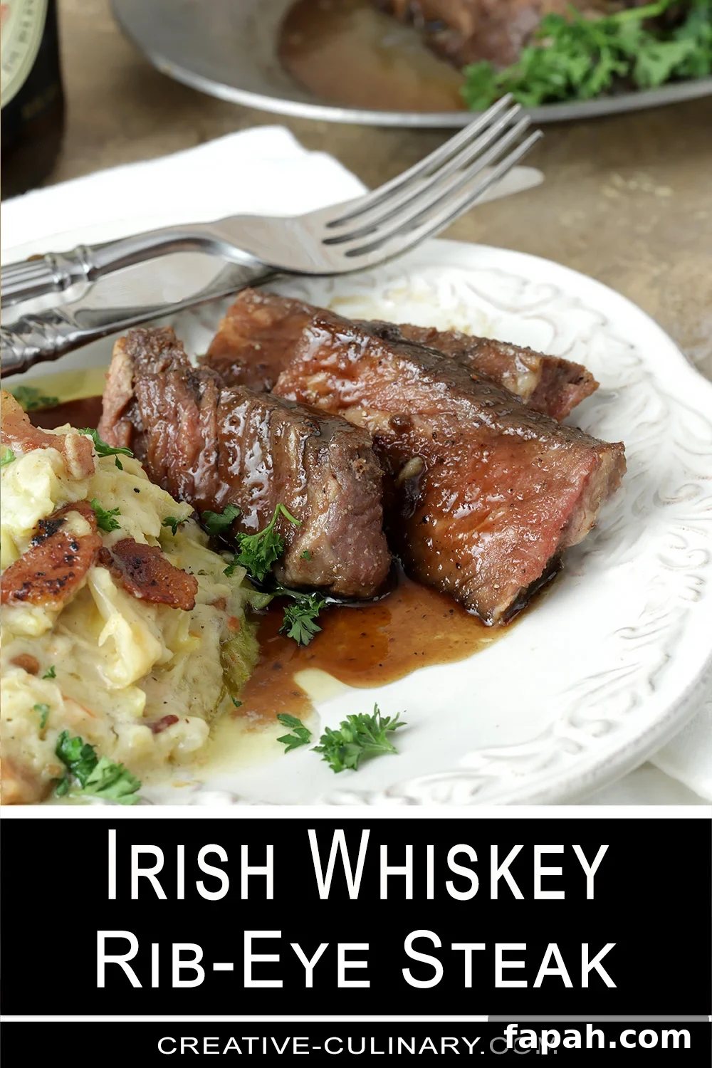 Irish Whiskey Steak with Colcannon on the side.