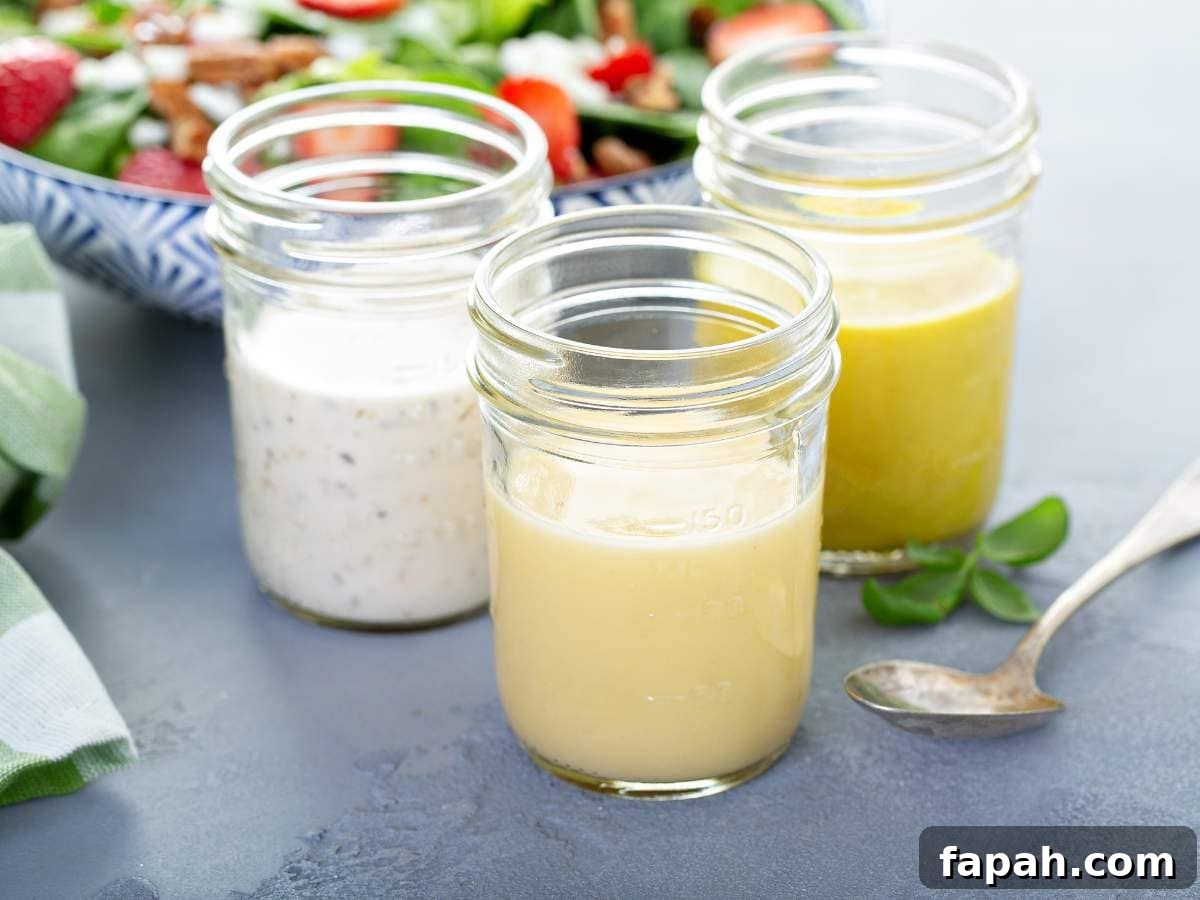 How to Choose the Right Vitamix Blender: Buyer's Guide 2 Three glass jars filled with different salad dressings sit on a table beside a spoon, with a fresh salad bowl in the background.