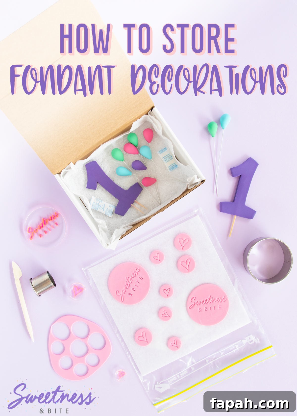 Storing Fondant Decorations: Tips to Keep Cakes Flawless 2 Fondant and gumpaste cake decorations in a box and in a resealable plastic bag - text overlay reads "how to store fondant decorations".