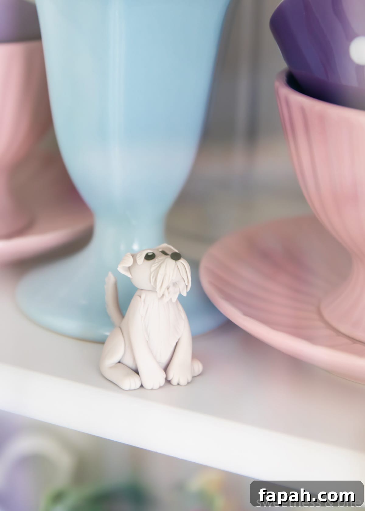 Storing Fondant Decorations: Tips to Keep Cakes Flawless 10 A small grey dog gumpaste cake topper being stored in a glass-door cabinet.