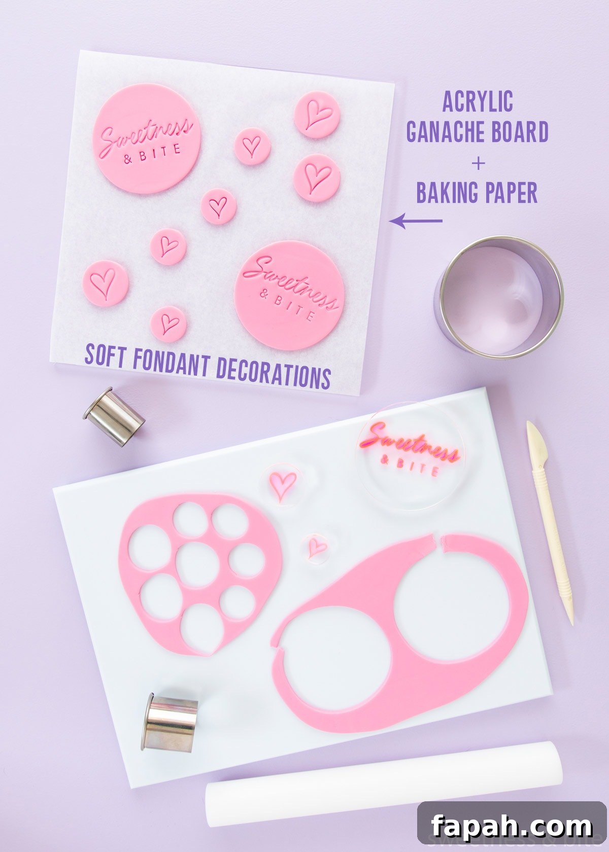 Storing Fondant Decorations: Tips to Keep Cakes Flawless 3 Pink fondant cut outs stamped with the Sweetness and Bite logo on a square board.