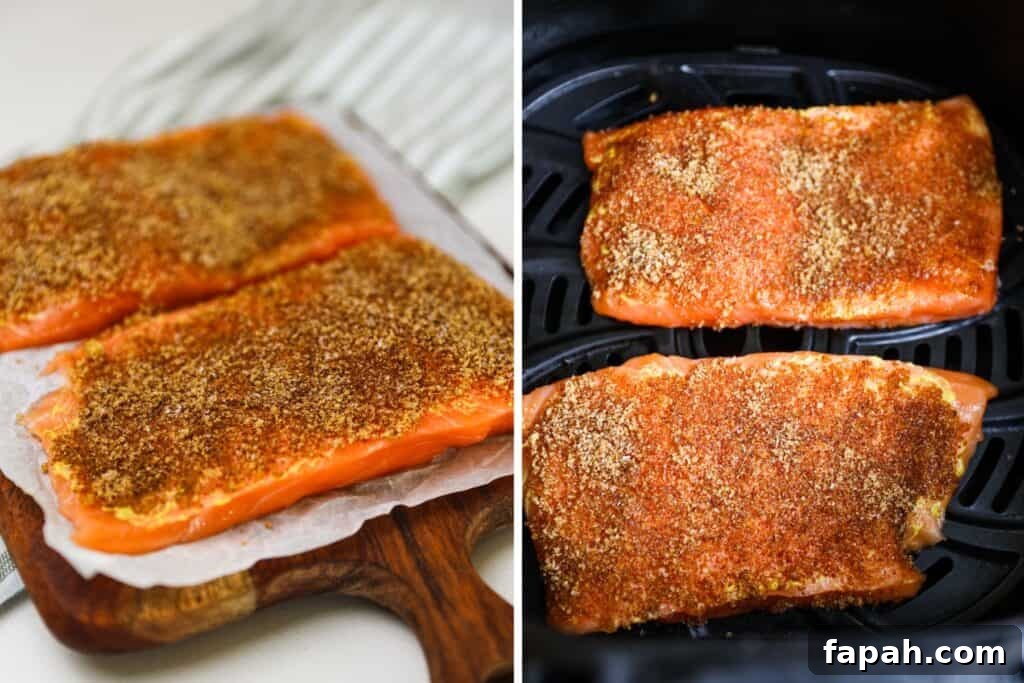 Sweet and Spicy Salmon in the Air Fryer: Quick Crispy Recipe 4 Raw salmon filets with seasoning on top on a wooden tray, and then in an air fryer basket. how to make spicy salmon air fryer recipe.