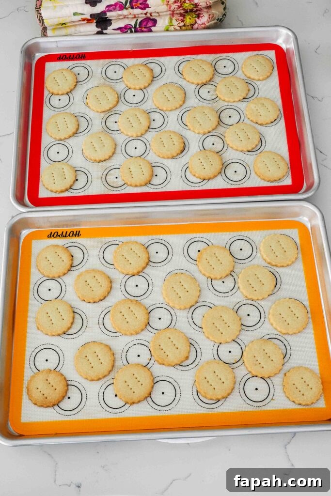 Baked vanilla shortbread cookies on baking mats.
