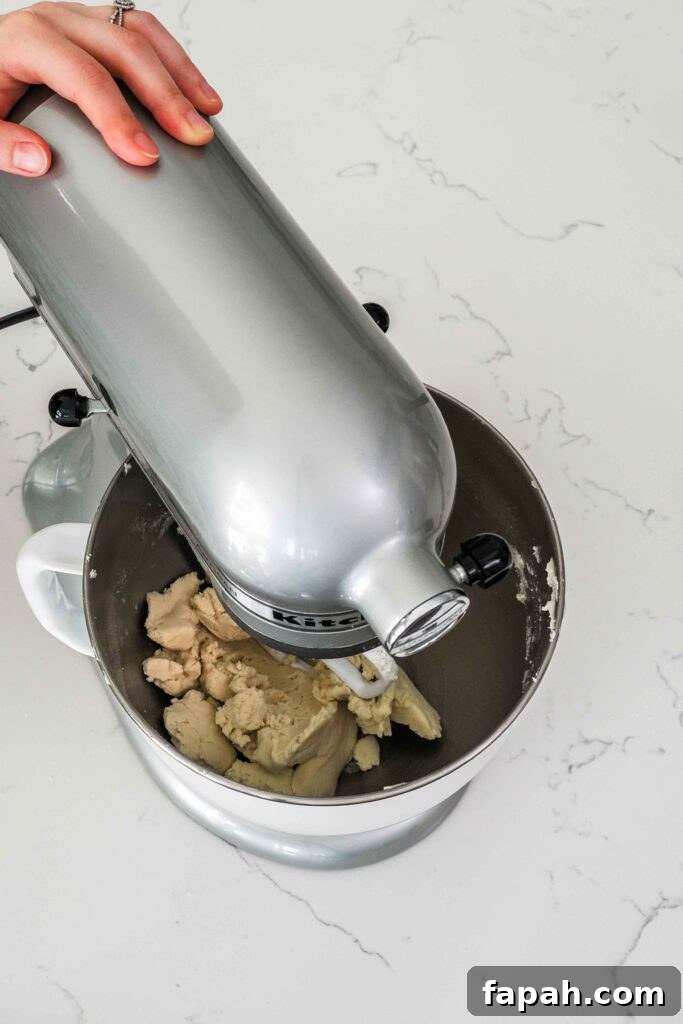 A stand mixer has beaten shortbread dough enough to make it hold together in the bowl.