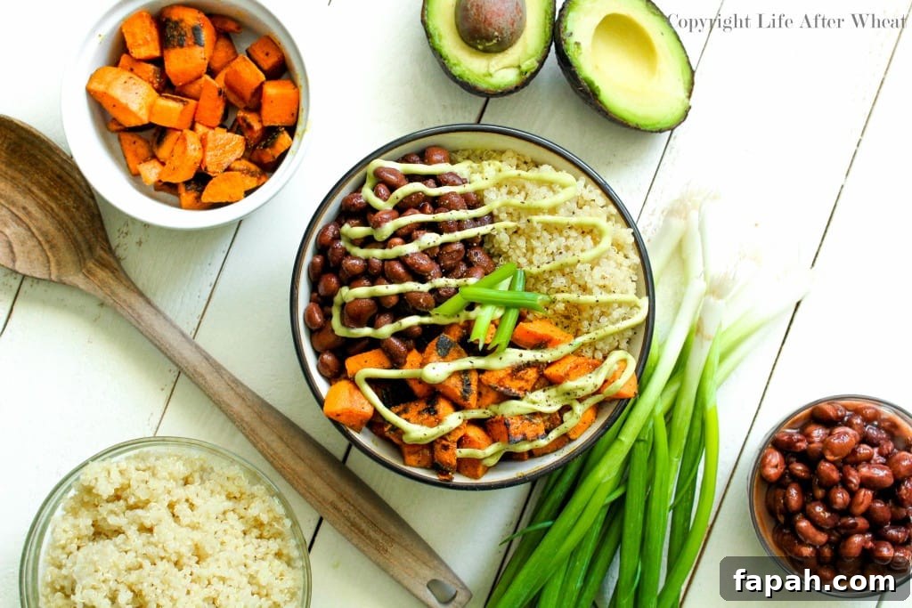 Healthy can be tasty! Dig into this quinoa bowl packed with pan seared sweet potatoes, hearty black beans perfectly paired with a cool avocado cream sauce.