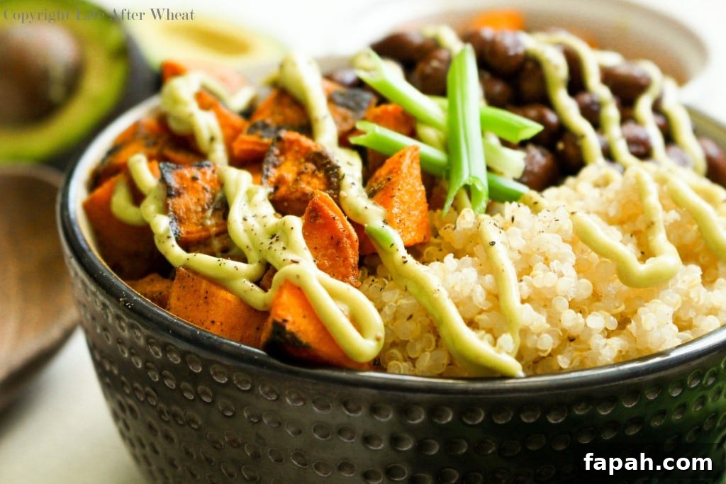 Healthy can be tasty! Dig into this quinoa bowl packed with pan seared sweet potatoes, hearty black beans perfectly paired with a cool avocado cream sauce.