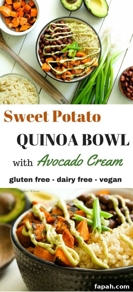 Healthy can be tasty! Dig into this quinoa bowl packed with pan seared sweet potatoes, hearty black beans perfectly paired with a cool avocado cream sauce. You definitely won't feel like you're missing out!