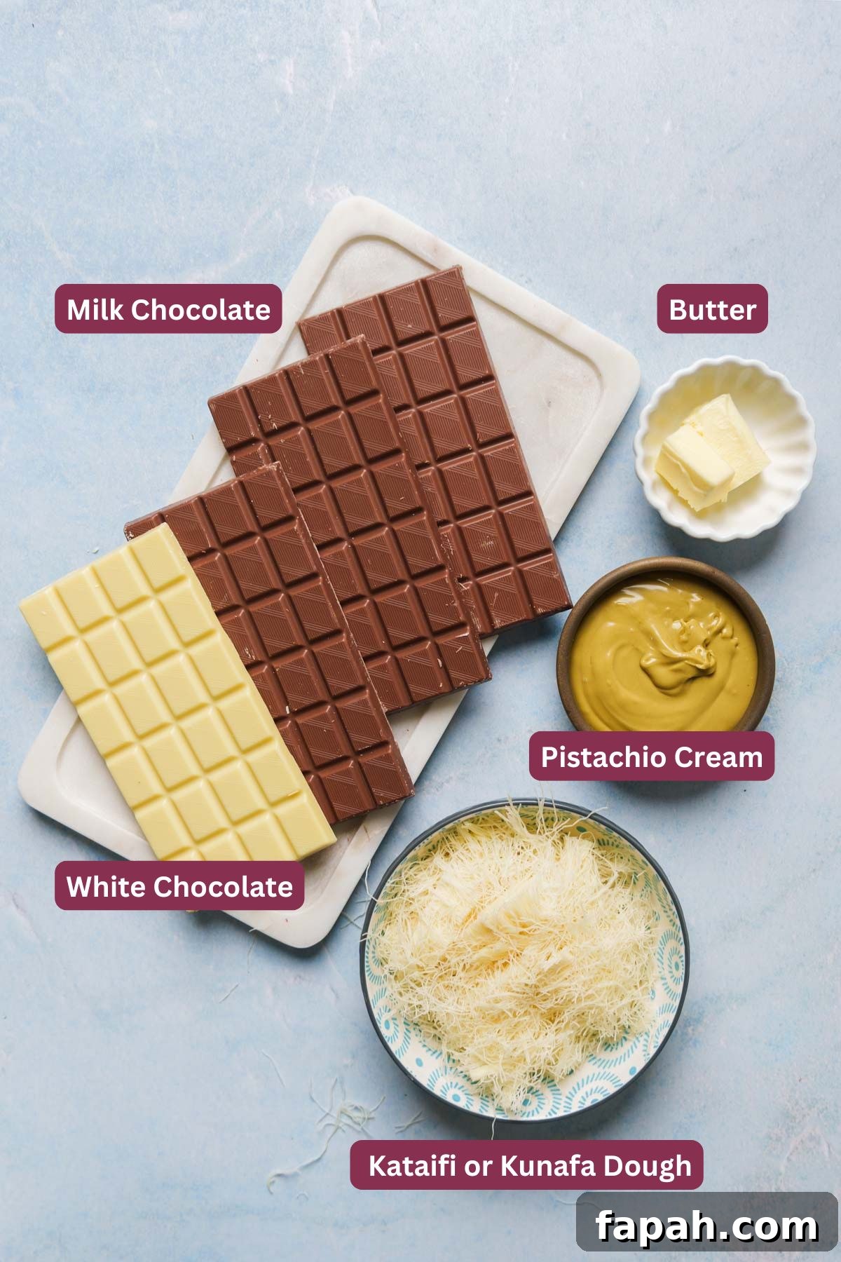 Dubai-Style Chocolate Bar Recipe: Homemade Candy Bar Guide 5 Dubai chocolate bar ingredients.