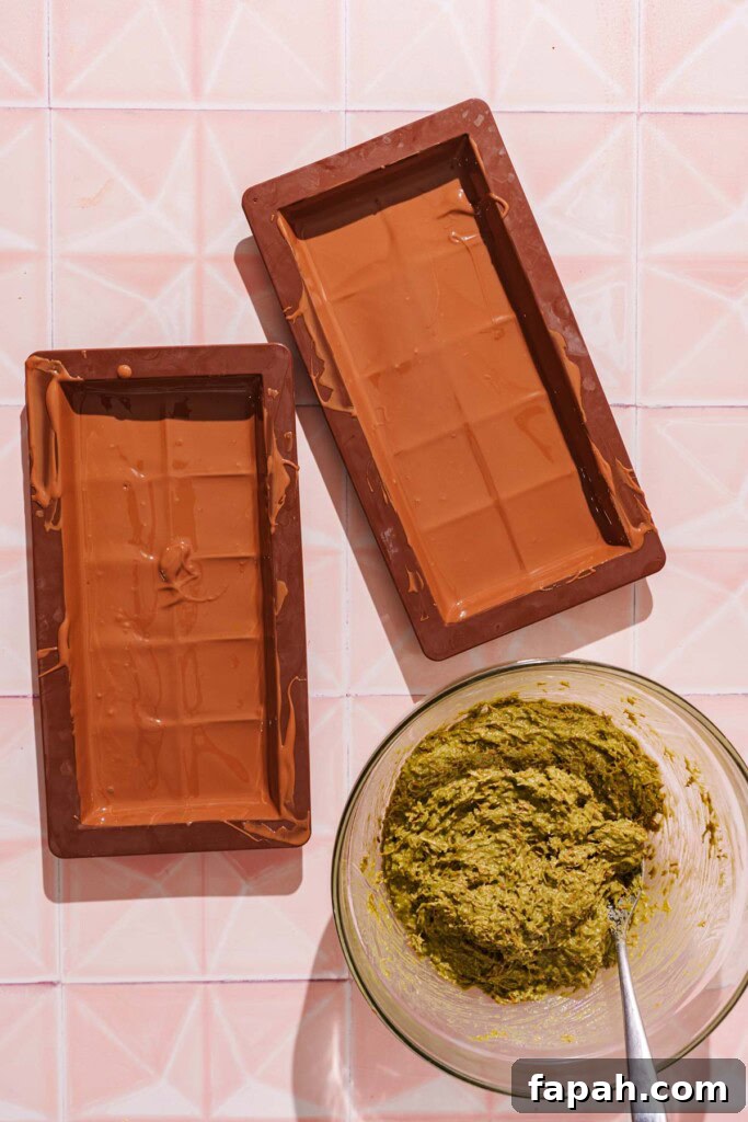 Dubai-Style Chocolate Bar Recipe: Homemade Candy Bar Guide 10 chocolate poured on the chocolate mold.