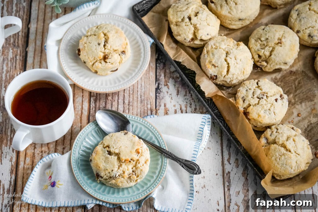 Two scones are served on plates next to a tray of date scones. 