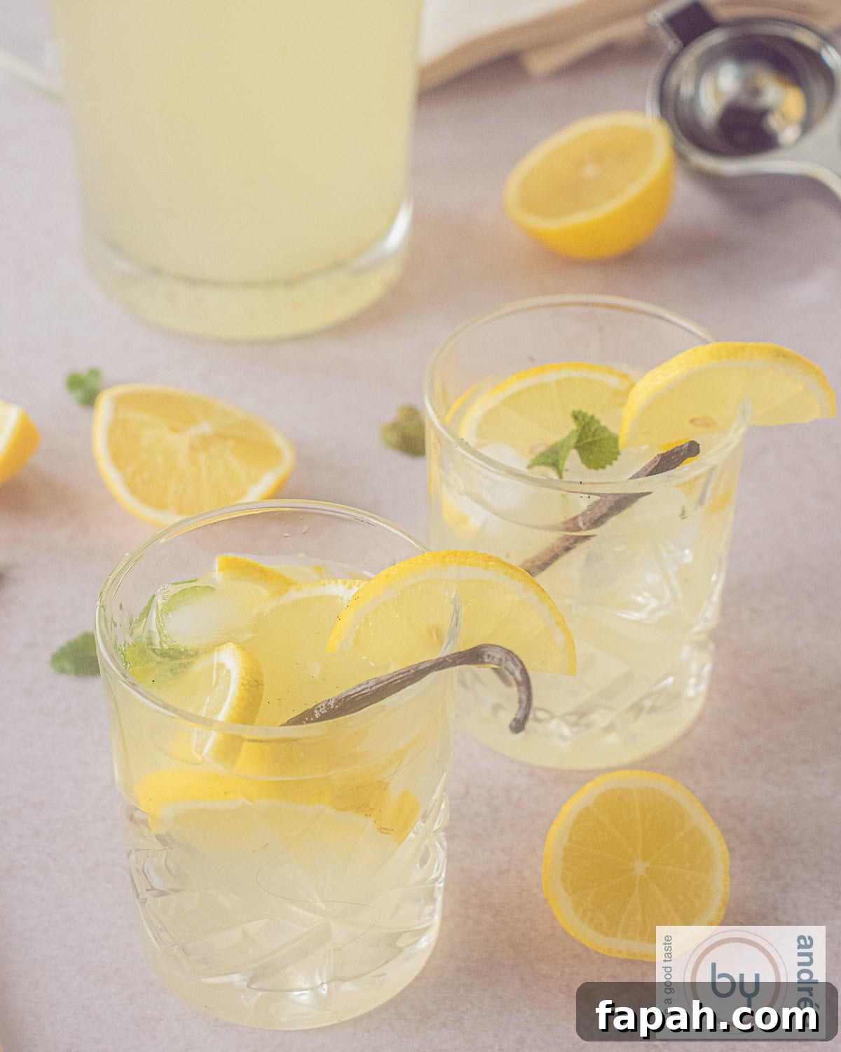 Vanilla Lemonade Recipe: Refreshing Homemade Citrus Cooler 2 A Height picture of two glasses filled with homemade vanilla lemonade, lemon slices and a pod.