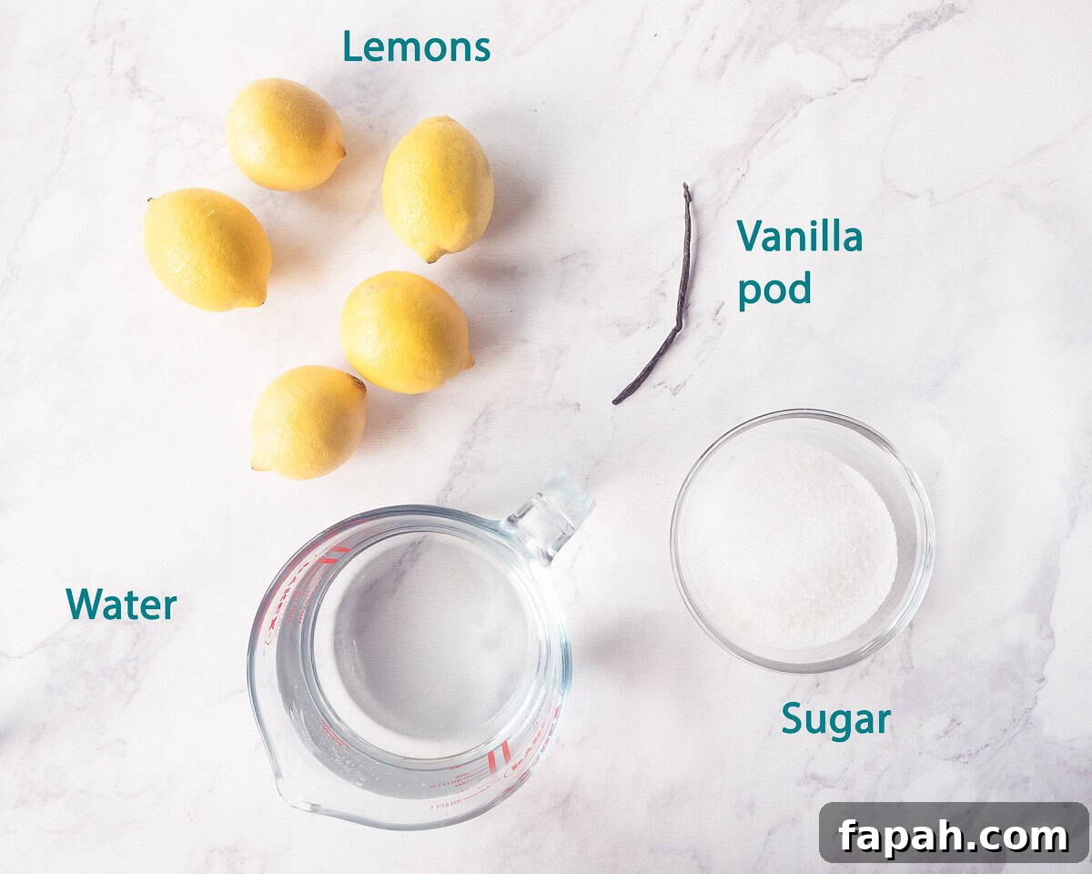 Vanilla Lemonade Recipe: Refreshing Homemade Citrus Cooler 3 Ingredients Homemade Vanilla Lemonade, on a white marbled background, text description included