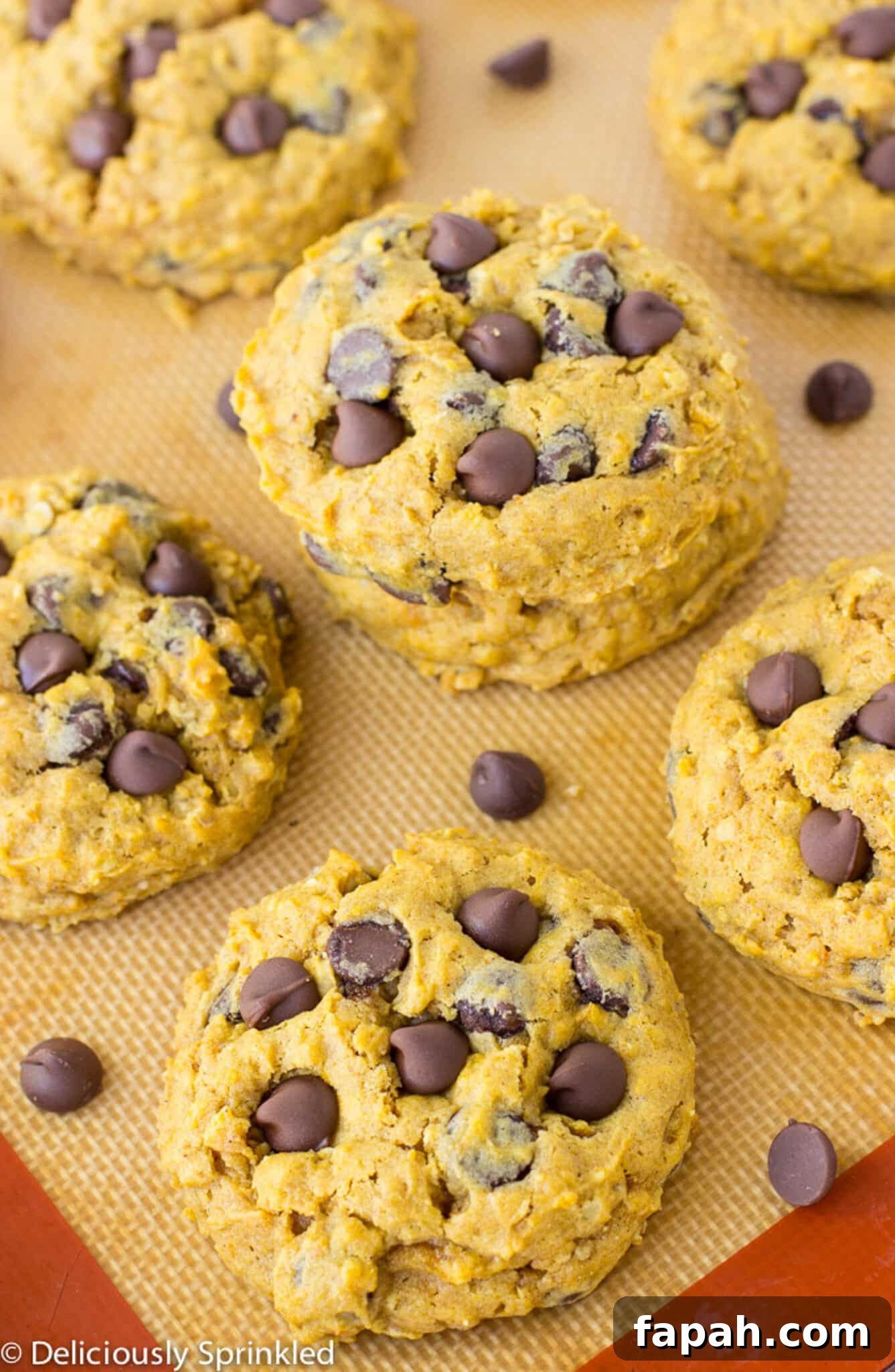Chewy Pumpkin Oatmeal Cookies with Warm Spices 9 Pumpkin chocolate chip cookies on a baking tray.