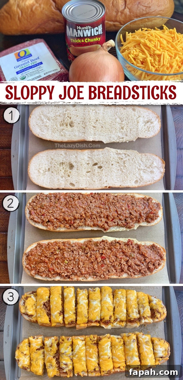 Sloppy Joe French Bread Slices Recipe for Hearty Sandwiches 5 These sloppy joe breadsticks are perfect as a game day appetizer, snack idea or even comforting dinner recipe! Definitely a crowd pleaser, and super quick and easy to make with just a few ingredients: ground beef, onion, canned sloppy joe sauce, cheddar cheese and bread. Serve it with a salad if you're making it as a meal. Great finger food for a party, though. Husband approved! Perfect for a football party or lazy Sunday at home with the family. Some serious comfort food.