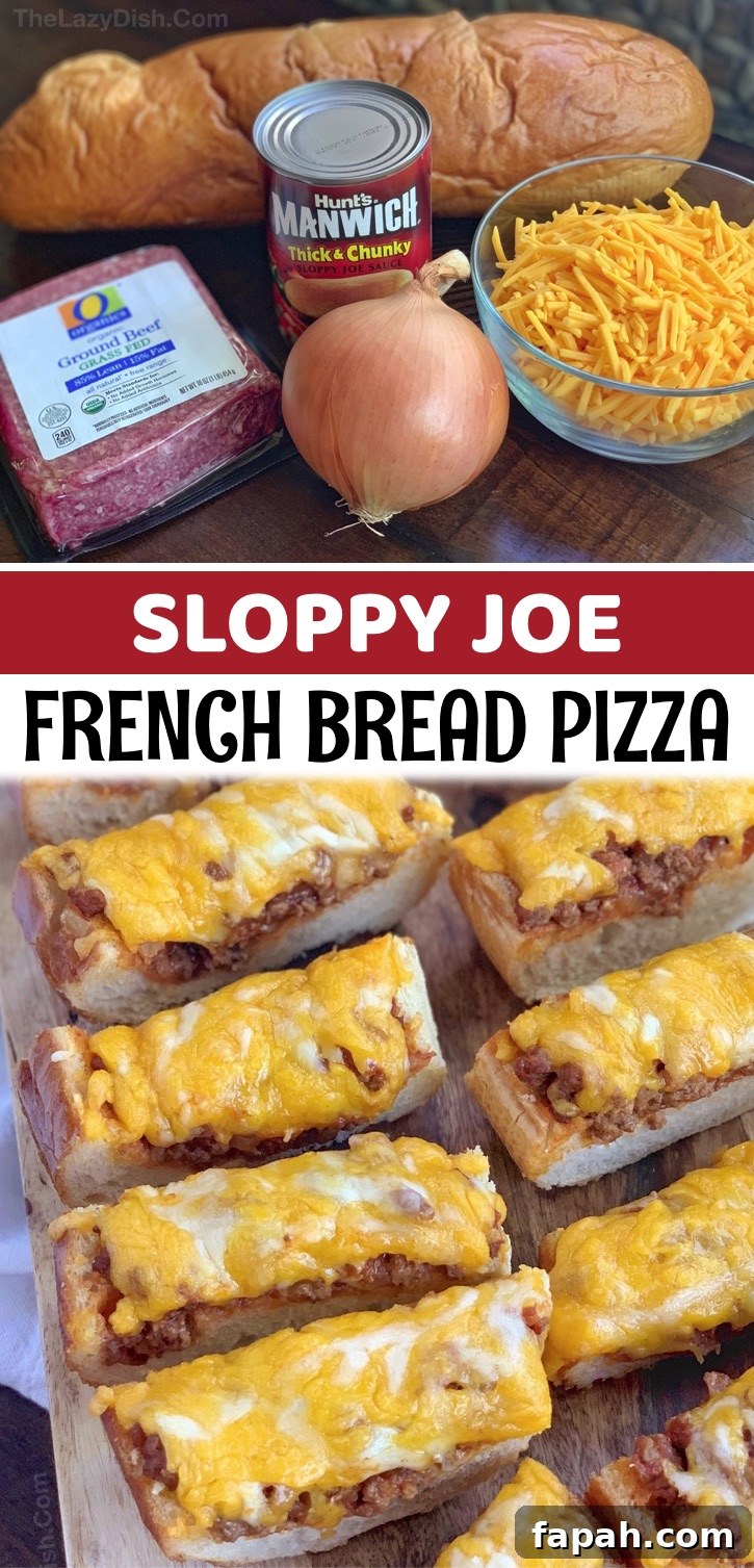 Sloppy Joe French Bread Slices Recipe for Hearty Sandwiches 6 Sloppy Joe French Bread Pizza Slices - This quick and easy recipe is made with just 5 simple ingredients: french bread, ground beef, sloppy joe sauce, cheese and diced onions. Bake in the oven, slice, and watch it disappear! It’s obviously great for big appetites, which is why I like to serve this as an appetizer for a football party, game day or any gathering with cheese and meat lovers. It’s also a tasty snack for Sundays at home. Kids and adults love it! Serve it with a salad to make it a complete meal for dinner, too.