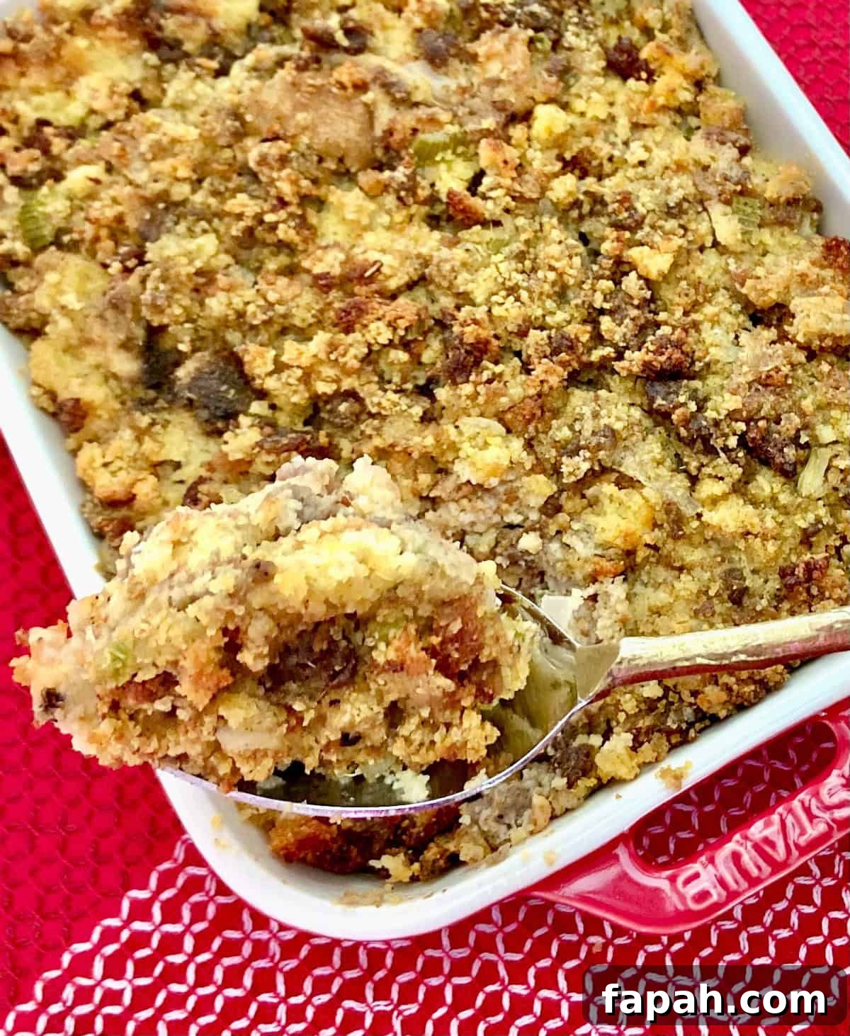 Cornbread dressing on serving spoon.
