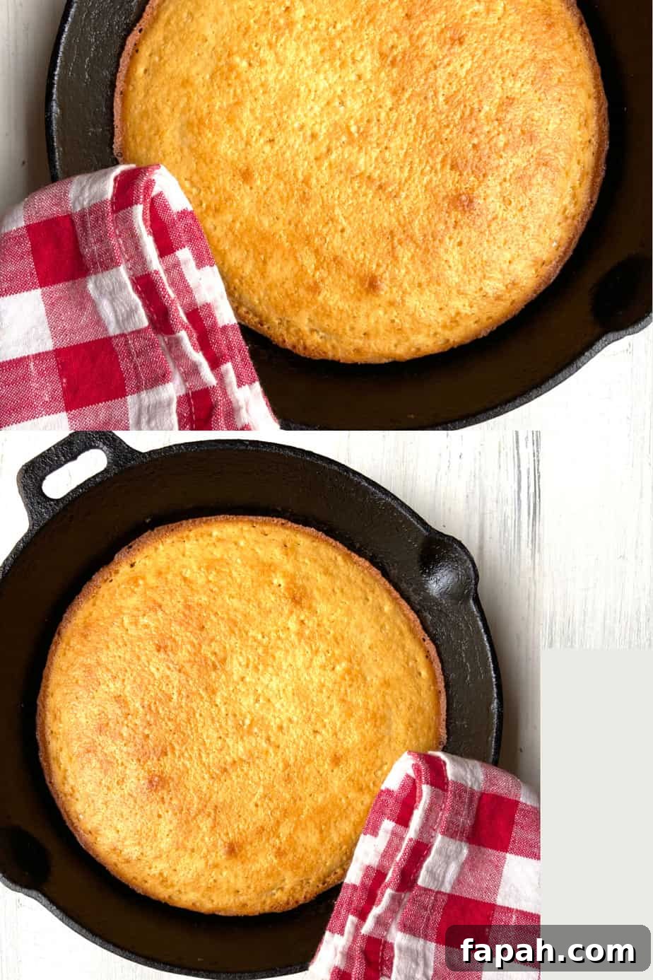 Two pans of homemade cornbread in cast iron skillets.