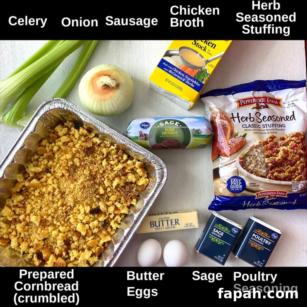 Cornbread dressing ingredients labeled on counter.