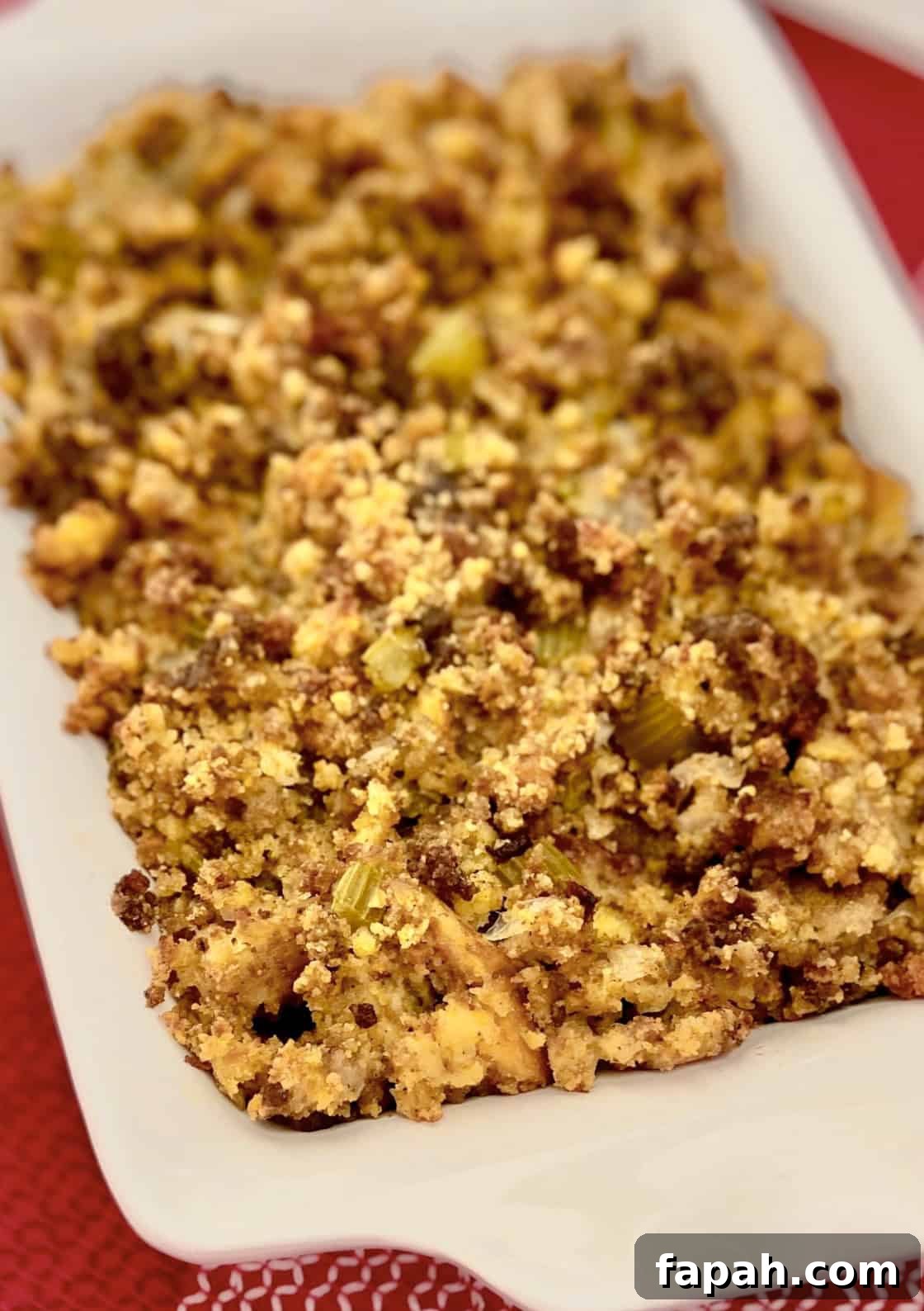 Close up image of cornbread dressing in white casserole dish.