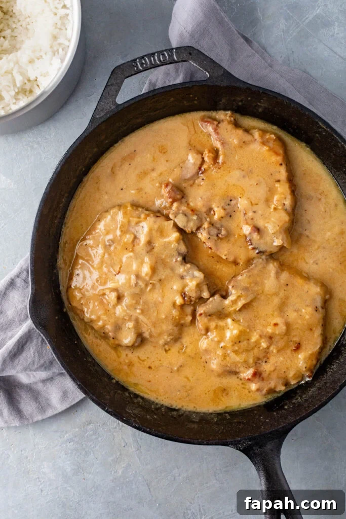 smothered pork chops in a cast iron skillet with rice in the background