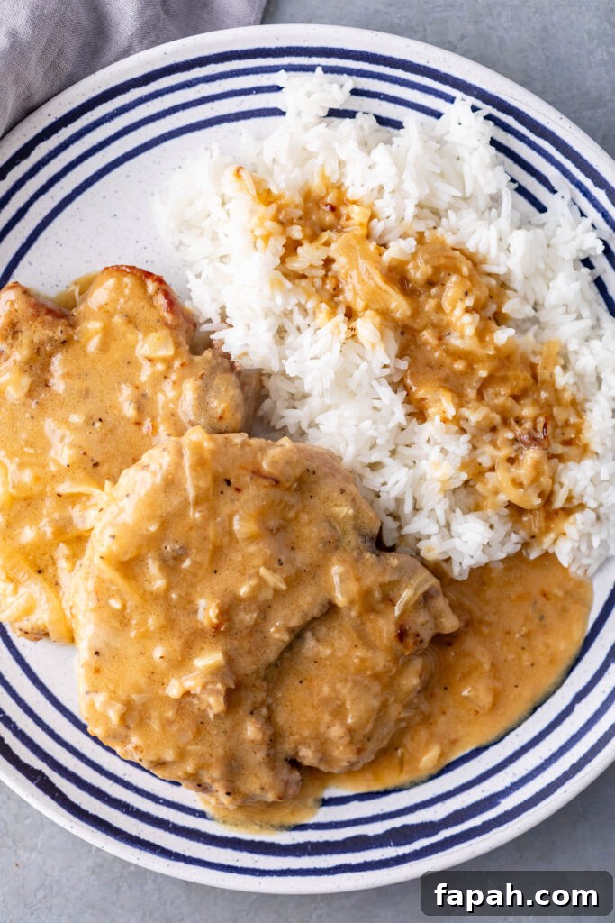 southern smothered pork chops and rice on a plate topped with gravy