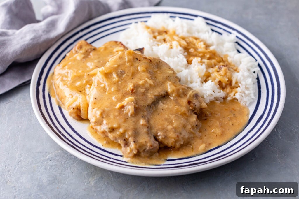 southern smothered pork chops and rice on a plate topped with gravy