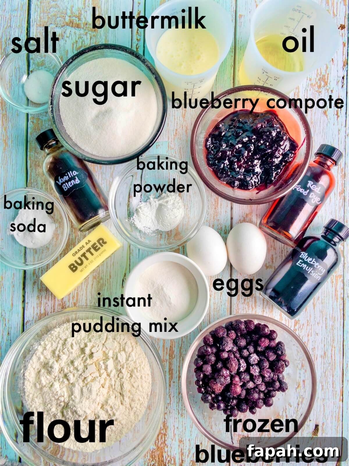 An overhead shot of all the ingredients listed in the blueberry cake recipe card.