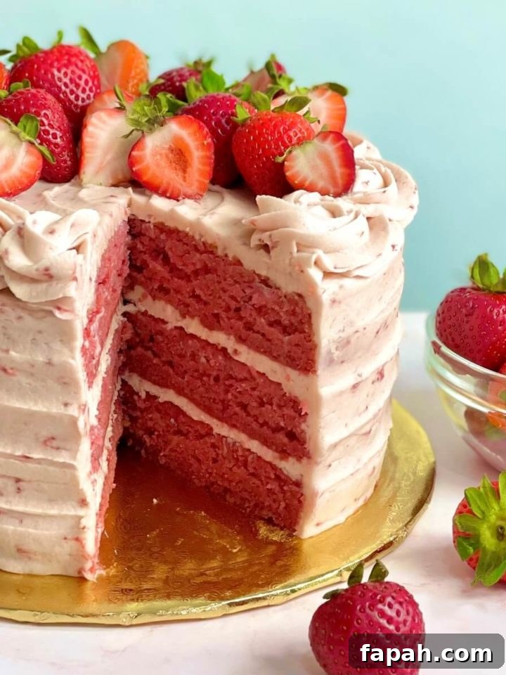 A 3-layer fresh strawberry cake with a large slice taken out so you can see the layers, plus a bowl of fresh strawberries