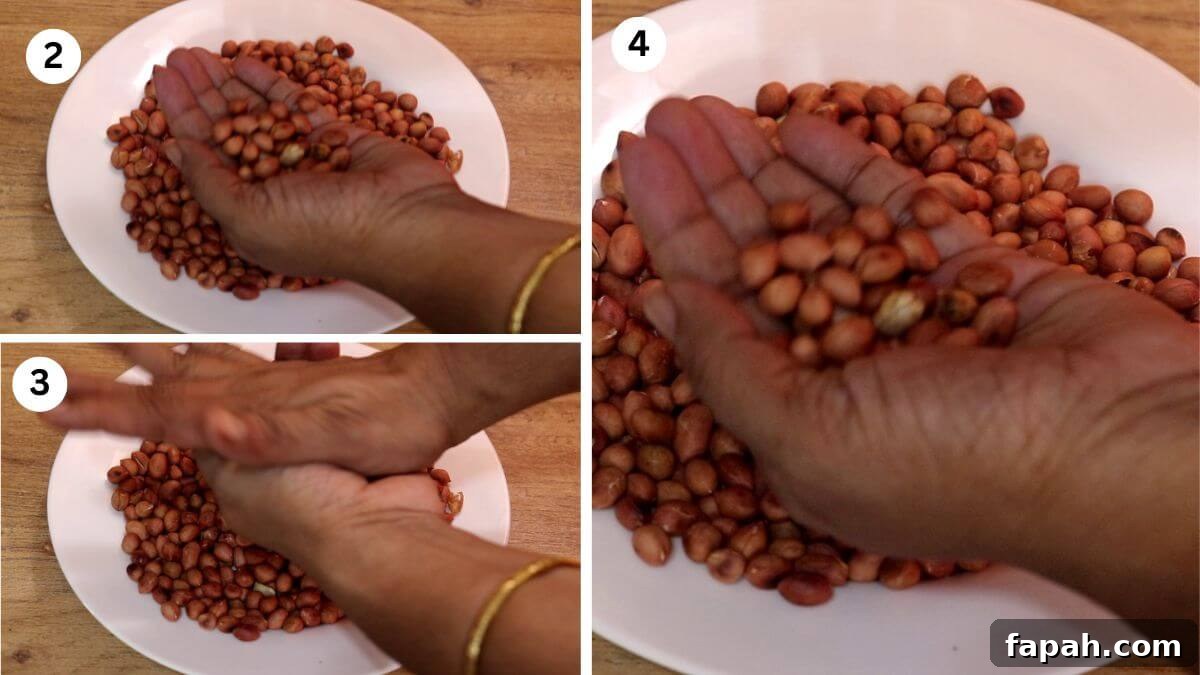 collage image of 3 steps showing rubbing peanuts between palms to remove skin.