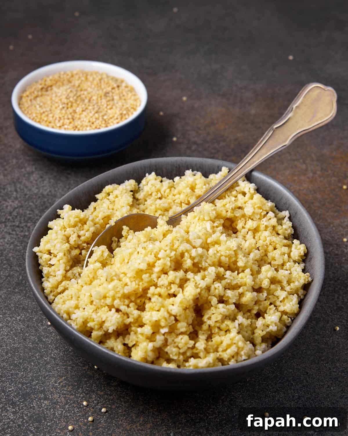 Photo showing a bowl of cooked millet with a spoon and a smaller bowl of raw millet seeds in the background.