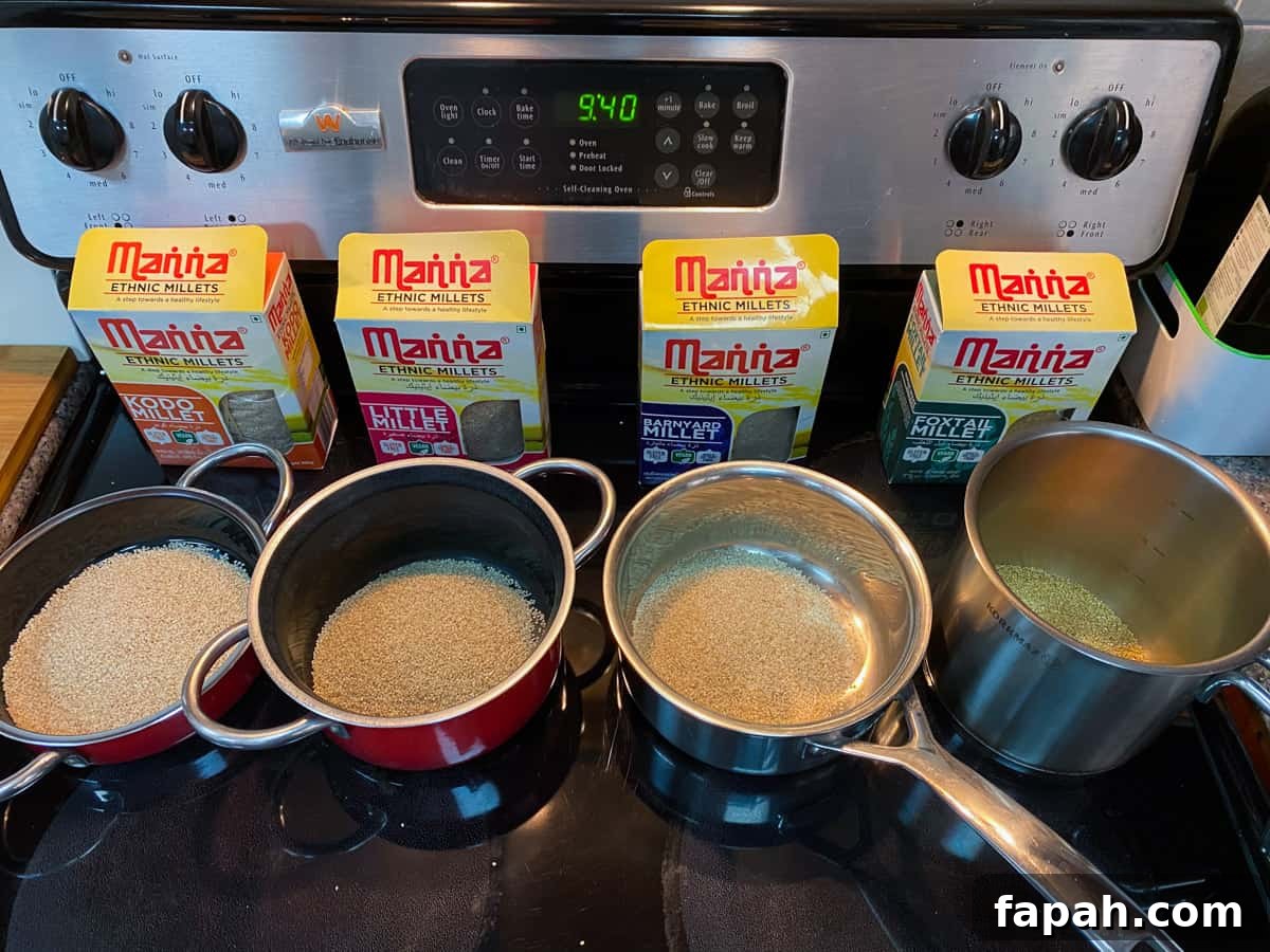 Photo of 4 pans each containing different millets and the packets behind.