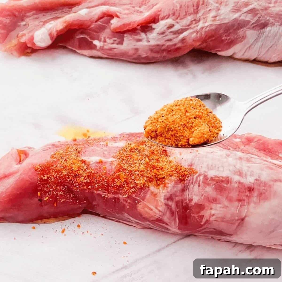 A small spoon sprinkling pork rub onto the tenderloins.
