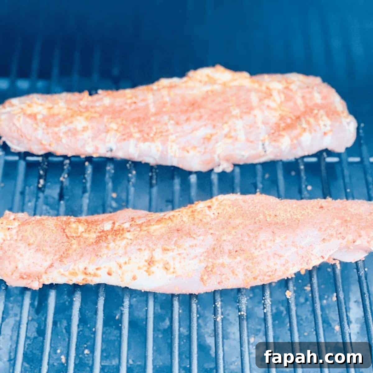 Two pork tenderloins placed on the grill grates of a pellet grill.