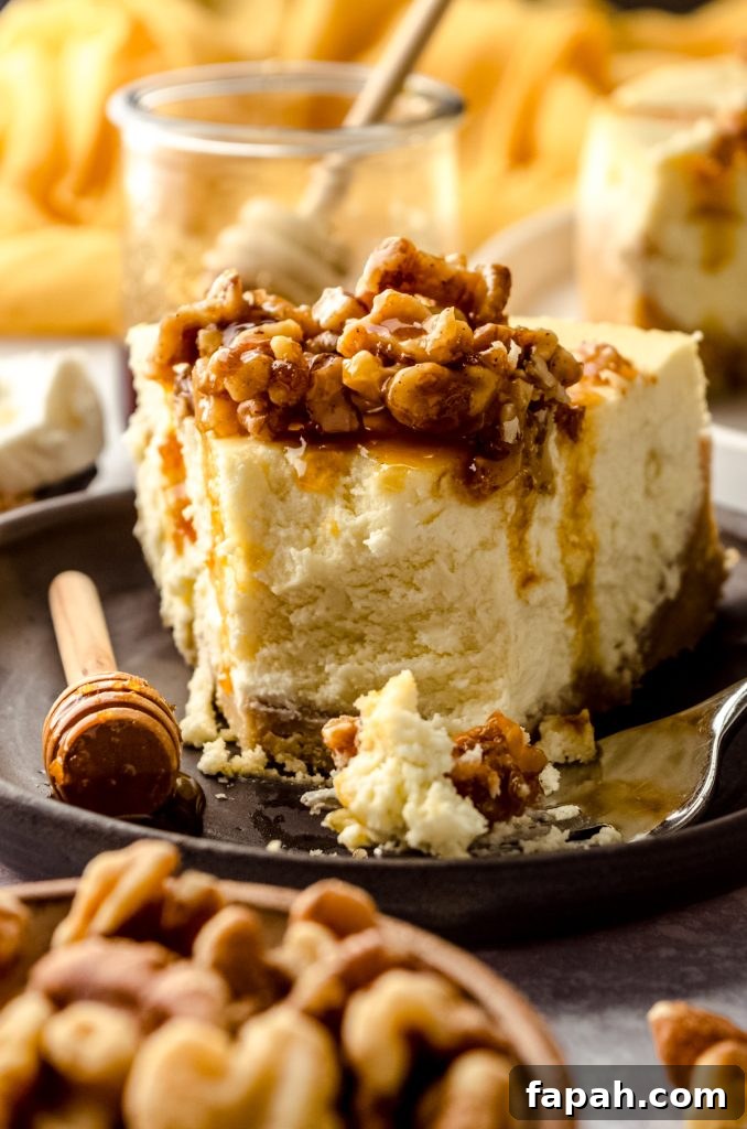 Goat Cheese Cheesecake with Roasted Honey Walnut Topping 14 A slice of goat cheese cheesecake with a bite taken out of it.