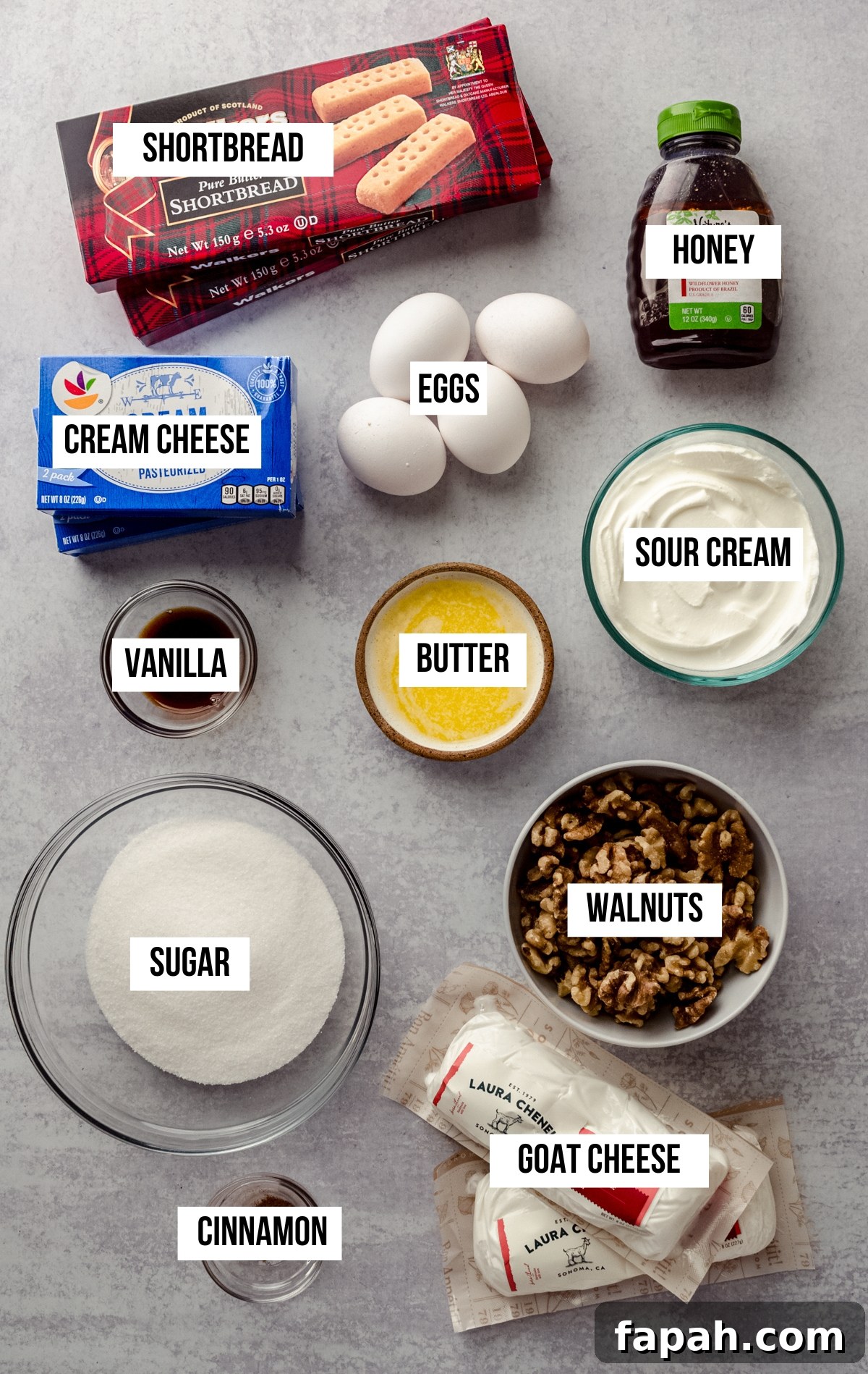 Goat Cheese Cheesecake with Roasted Honey Walnut Topping 5 Aerial photo of ingredients to make goat cheese cheesecake with text overlay labeling each ingredient.