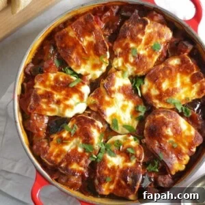 A large pot filled with cooked halloumi bake recipe.